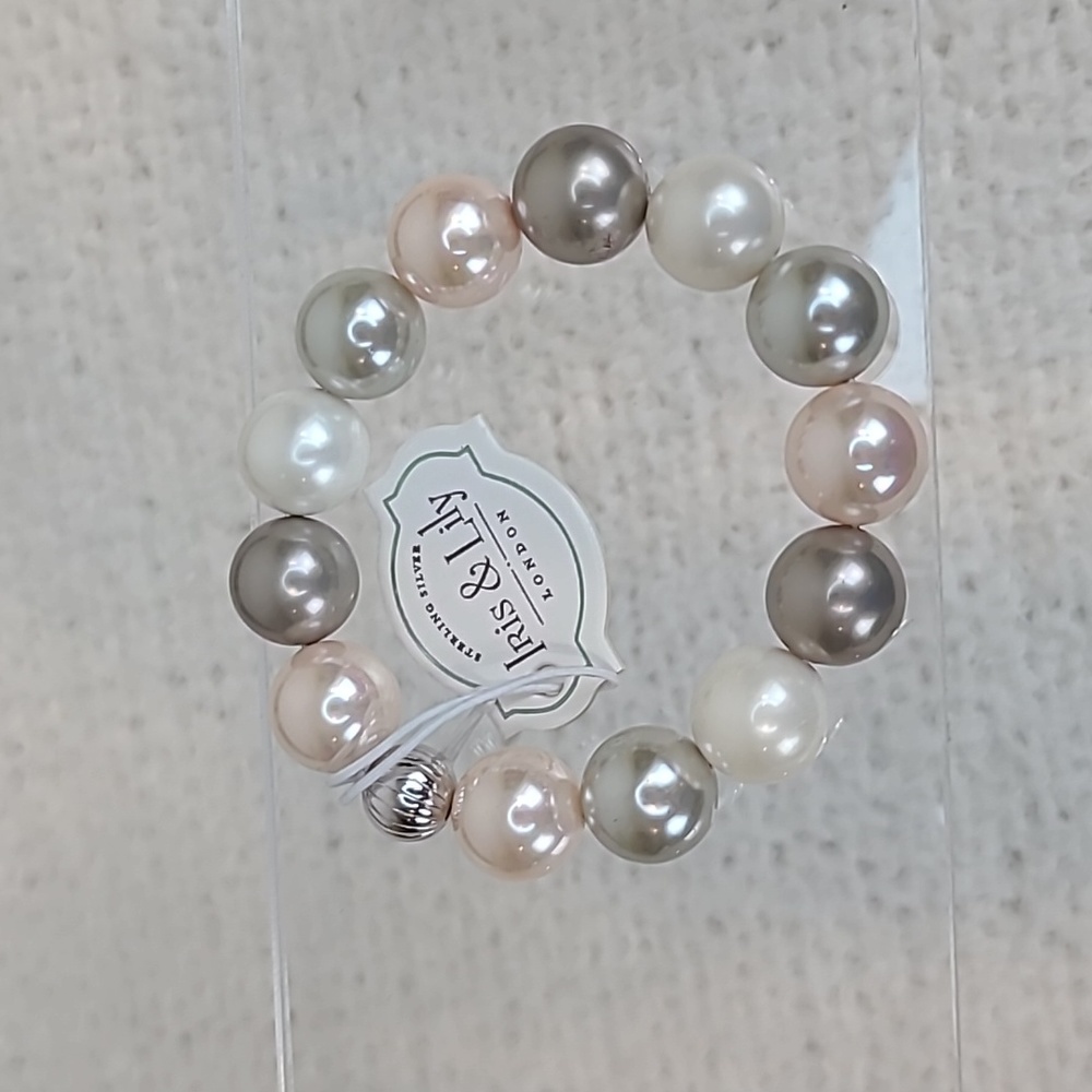 Iris & Lily London Mother of Pearl Beaded Stretch Bracelet White/Gray/Pink - NWT
